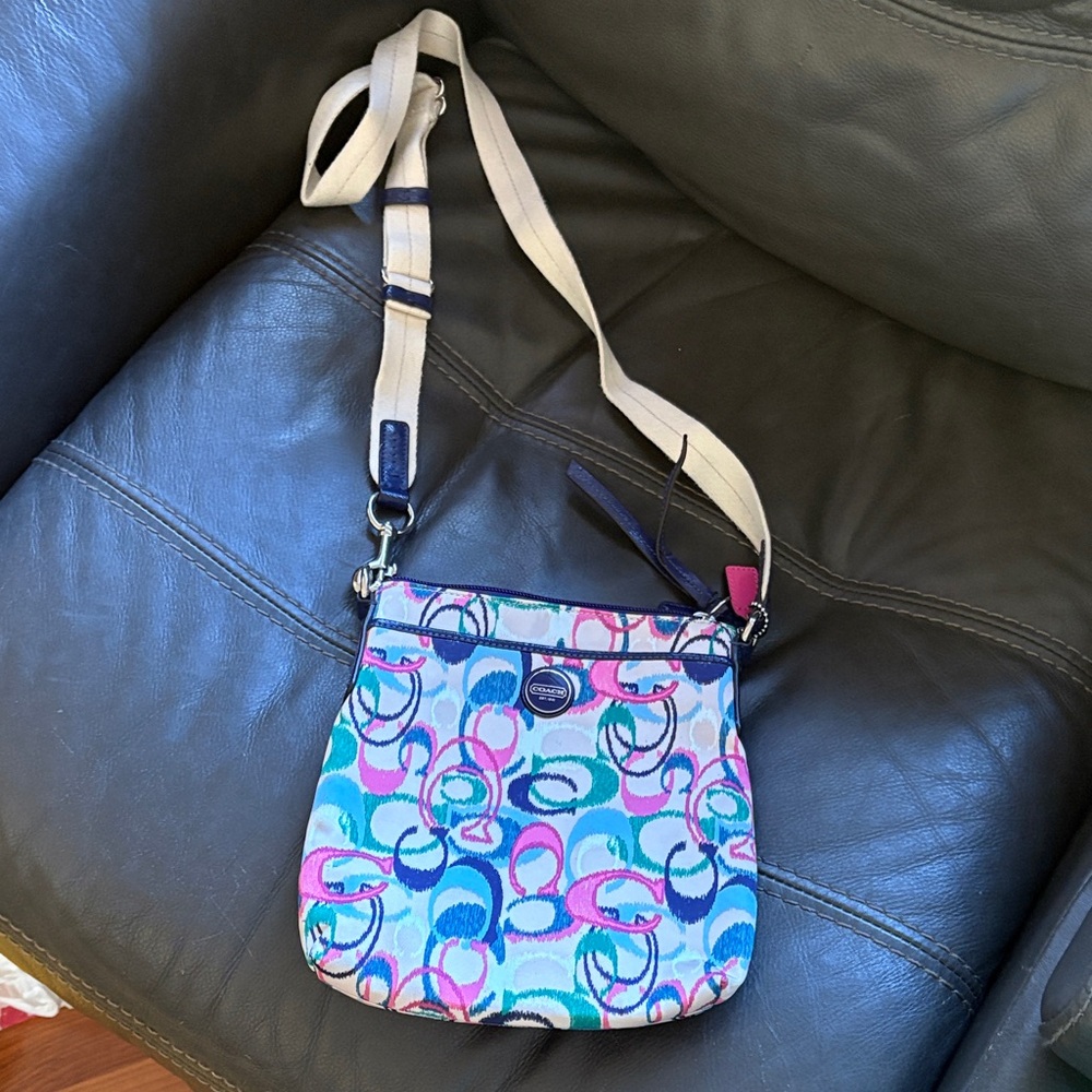 Coach Blue Green and Pink Signature Patterned Crossbody Bag